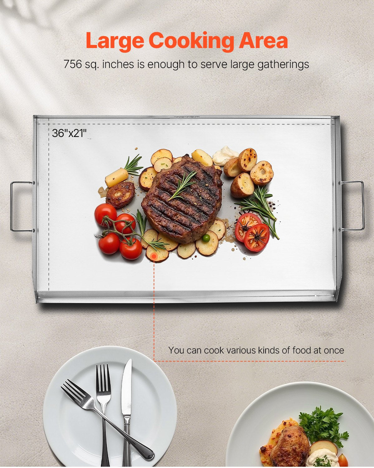 Stainless Steel Griddle, 36x22 inch Universal Flat Top Rectangular Plate, Gas Grill Griddle for BBQ Grill, Teppanyaki, Portable Family Cookware with Handle, for Camping Tailgating Party