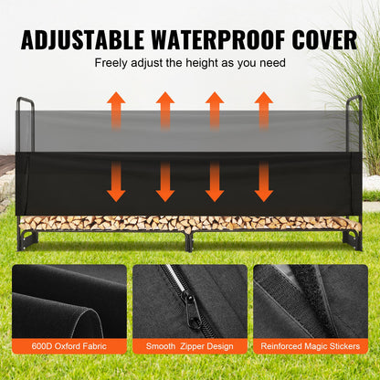 8.5 FT Outdoor Firewood Rack with Lid, 102x14.2x46.1 Inch, Heavy Duty Firewood Holder &amp; 600D Oxford Waterproof Lid for Fireplace, Patio, Indoor/Outdoor Log Storage Rack for 1/2 Cord of Firewood