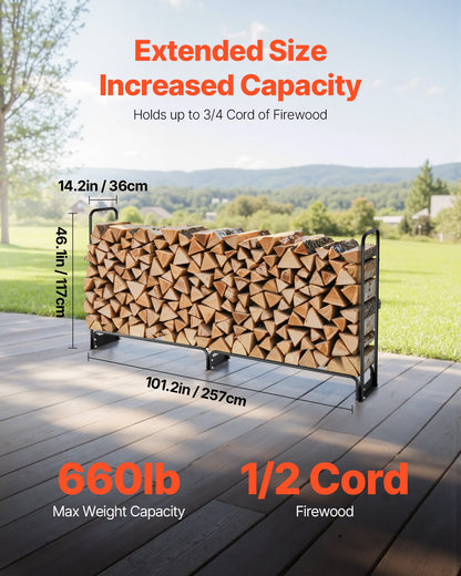 Firewood Rack with Waterproof Cover, 101 x 14 x 46 in Outdoor Firewood Holder, 660lb Weight Capacity, 1/2 Cord Log Holder, Half-Covered, Powder-coated Wood Storage Rack for Fireplace Deck