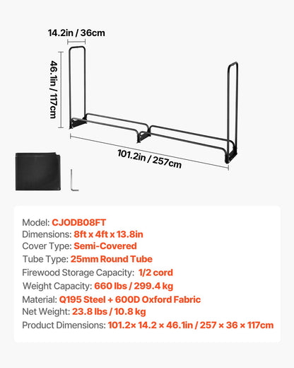 Firewood Rack with Waterproof Cover, 101 x 14 x 46 in Outdoor Firewood Holder, 660lb Weight Capacity, 1/2 Cord Log Holder, Half-Covered, Powder-coated Wood Storage Rack for Fireplace Deck