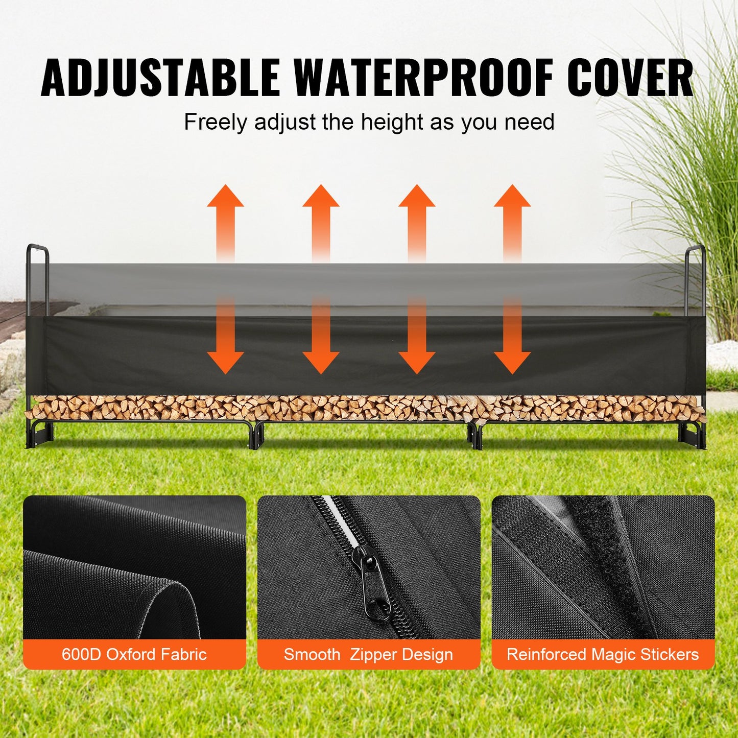 12.7 FT Outdoor Firewood Rack with Lid, 152x14.2x46.1 Inch, Heavy Duty Firewood Holder &amp; 600D Oxford Waterproof Lid for Fireplace, Patio, Indoor/Outdoor Log Storage Rack for 3/4 Cord Firewood