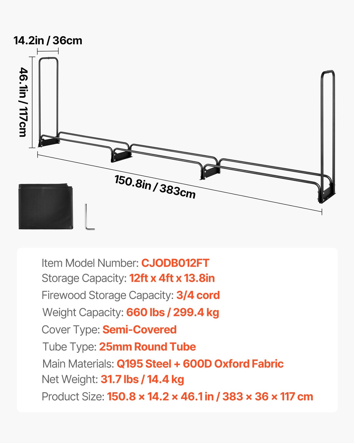 Firewood Rack with Waterproof Cover, 150 x 14 x 46 in Outdoor Firewood Holder, 660lb Weight Capacity, 1/2 Cord Log Holder, Half-Covered, Powder-coated Wood Storage Rack for Fireplace Deck