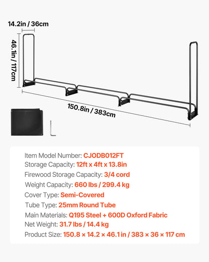 Firewood Rack with Waterproof Cover, 150 x 14 x 46 in Outdoor Firewood Holder, 660lb Weight Capacity, 1/2 Cord Log Holder, Half-Covered, Powder-coated Wood Storage Rack for Fireplace Deck