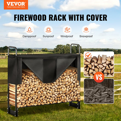 4.3 FT Outdoor Firewood Rack with Lid, 52x14.2x46.1 Inch, Heavy Duty Firewood Holder &amp; 600D Oxford Waterproof Lid for Fireplace, Patio, Indoor/Outdoor Log Storage Rack for 1/4 Cord Firewood
