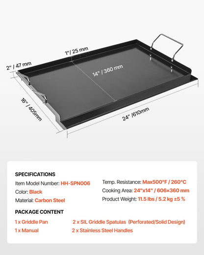 Carbon Steel Griddle, 24x16 inch Universal Flat Top Rectangular Plate, Gas Grill Griddle for BBQ Grill, Teppanyaki, Portable Family Cookware with Handle, for Camping Tailgating Party