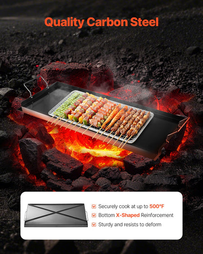 Carbon Steel Griddle, 32x14 inch Universal Flat Top Rectangular Plate, Gas Grill Griddle for BBQ Grill, Teppanyaki, Portable Family Cookware with Handle, for Camping Tailgating Party