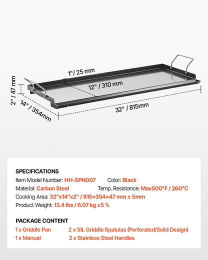 Carbon Steel Griddle, 32x14 inch Universal Flat Top Rectangular Plate, Gas Grill Griddle for BBQ Grill, Teppanyaki, Portable Family Cookware with Handle, for Camping Tailgating Party