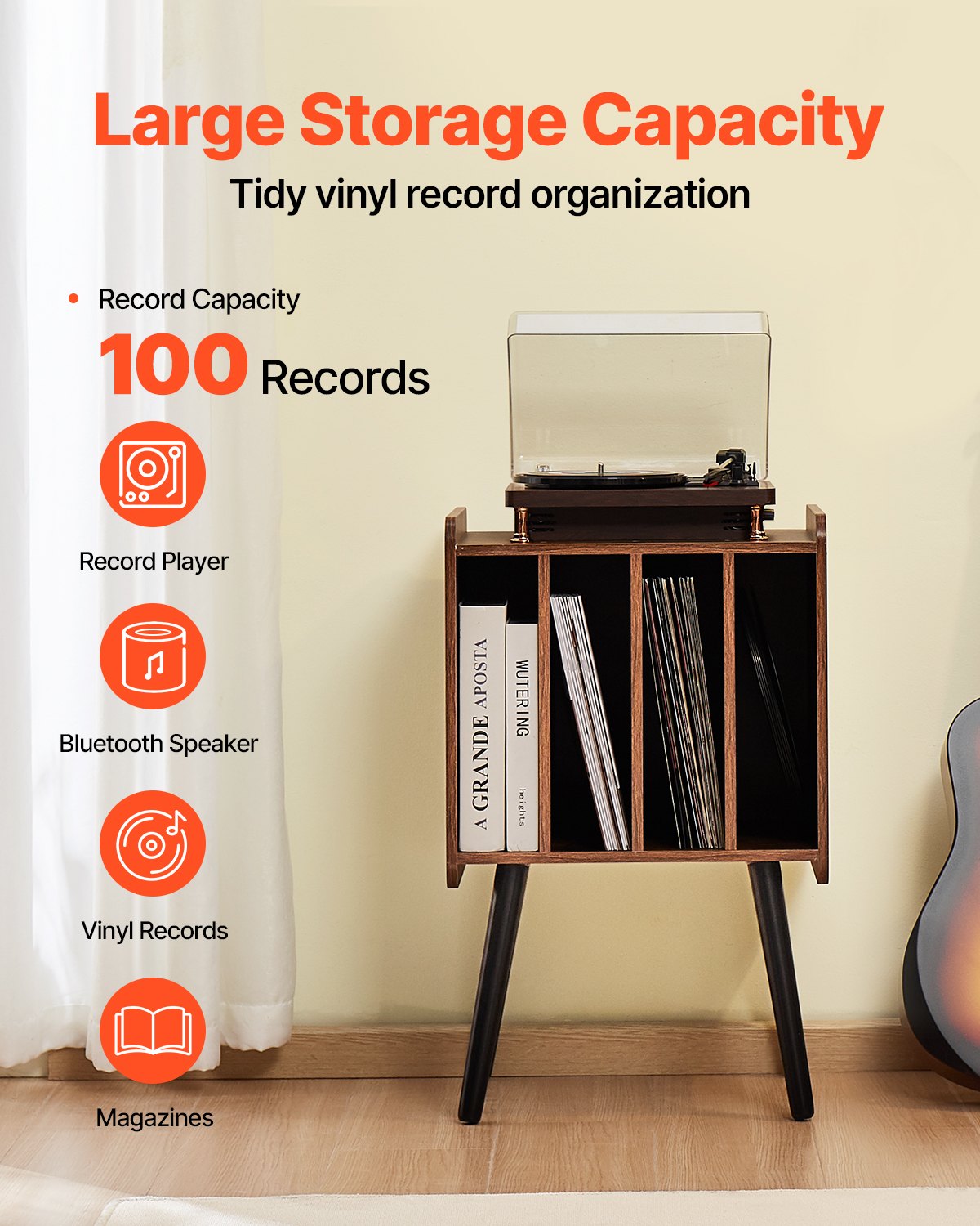 Record Player Stand 2-Tier Wood Vinyl Record Stand upp till 100 album Brun