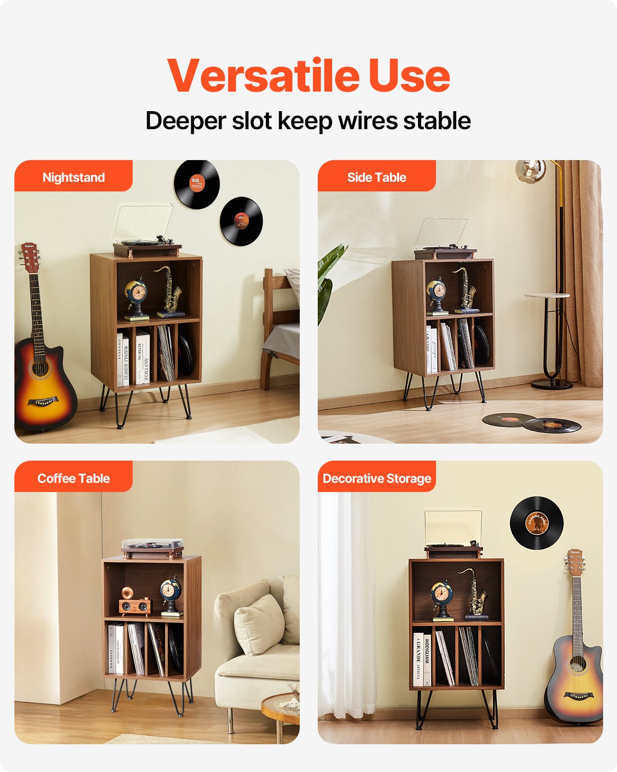 Record Player Stand, 3 Tiers Turntable Stand with Record Storage, Vinyl Record Storage Cabinet with Metal Legs for Bedroom, Living Room, Brown