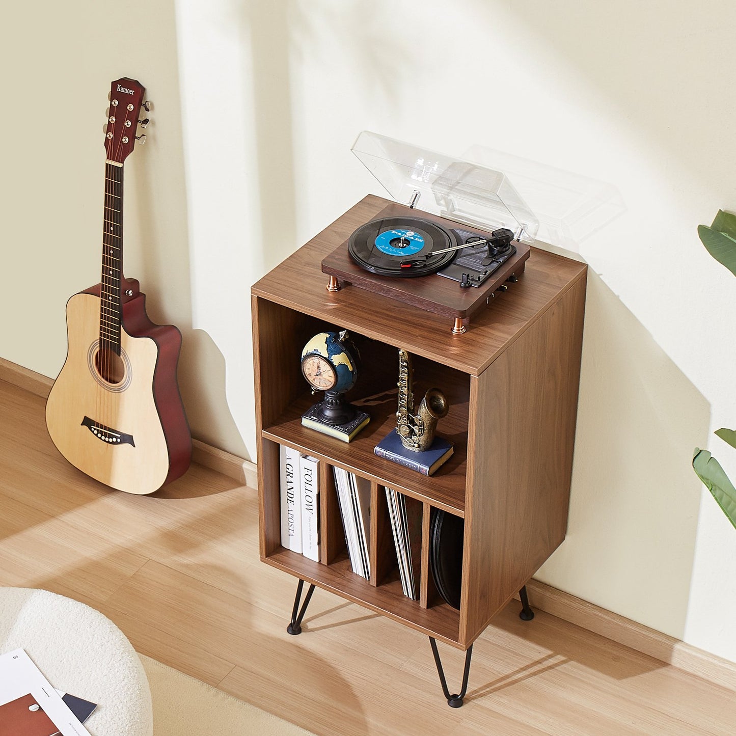 Record Player Stand, 3 Tiers Turntable Stand with Record Storage, Vinyl Record Storage Cabinet with Metal Legs for Bedroom, Living Room, Brown