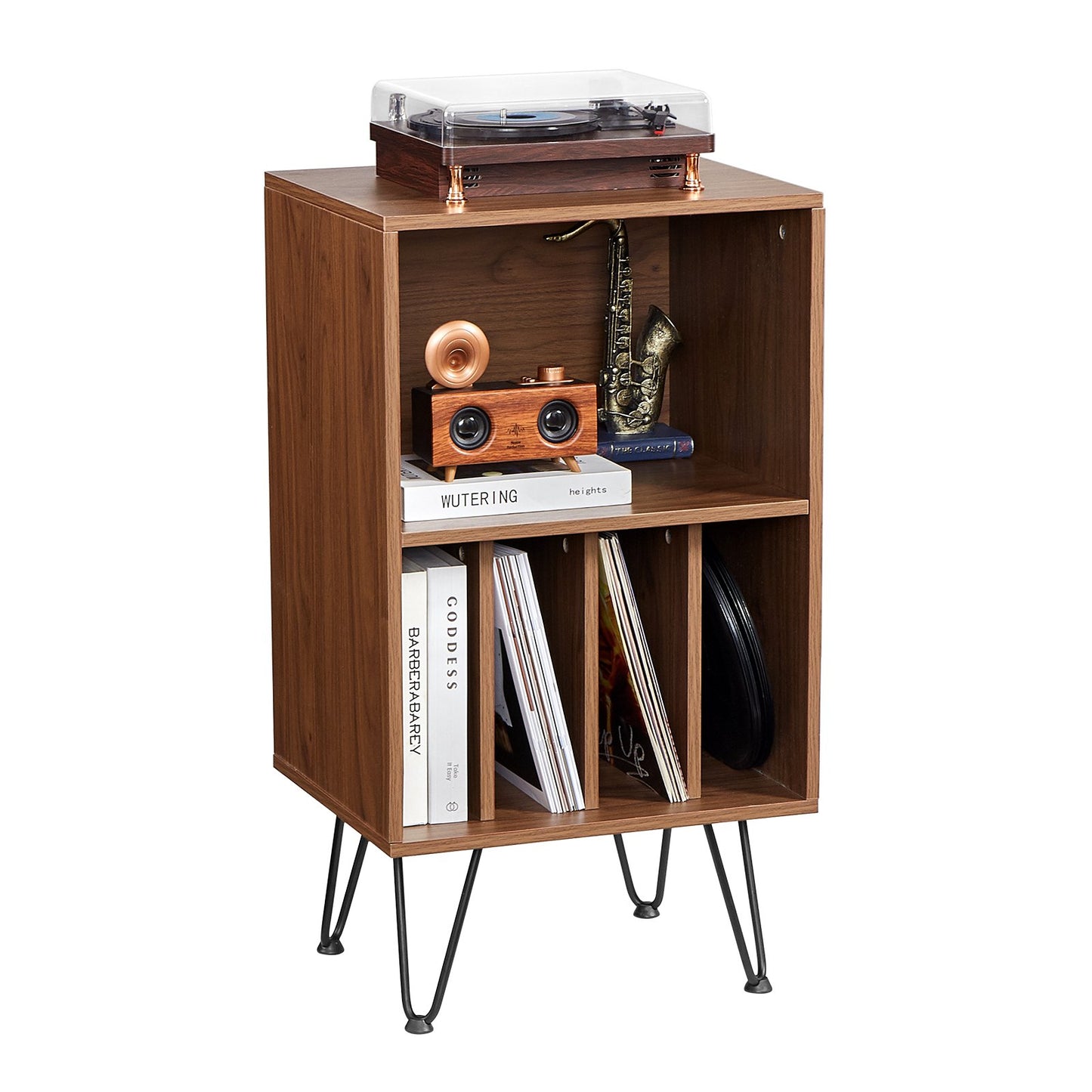 Record Player Stand, 3 Tiers Turntable Stand with Record Storage, Vinyl Record Storage Cabinet with Metal Legs for Bedroom, Living Room, Brown
