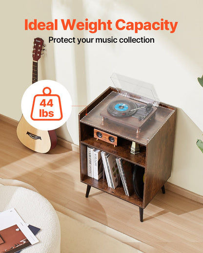Record Player Stand with LED Light, 3 Tiers Turntable Stand with Charging Station & USB Ports, Holds up to 150 Albums, Vinyl Record Storage Cabinet with Display Shelf for Bedroom, Living Room
