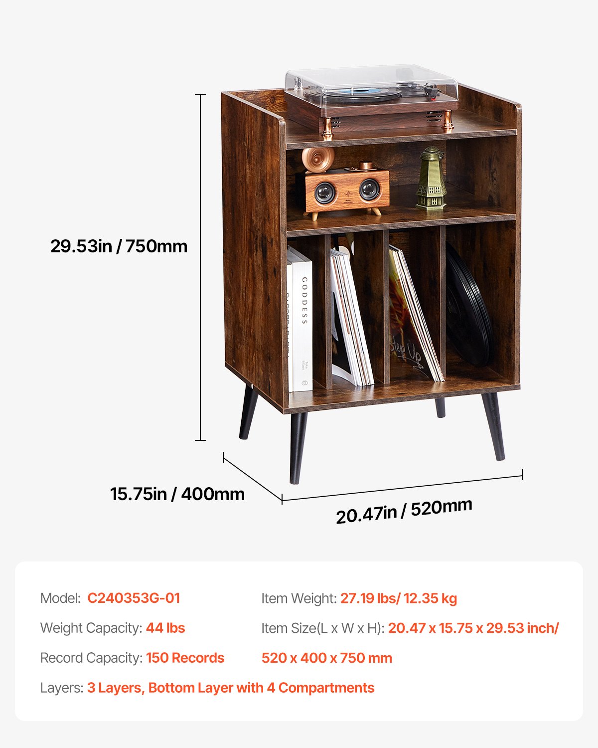 Record Player Stand with LED Light, 3 Tiers Turntable Stand with Charging Station & USB Ports, Holds up to 150 Albums, Vinyl Record Storage Cabinet with Display Shelf for Bedroom, Living Room