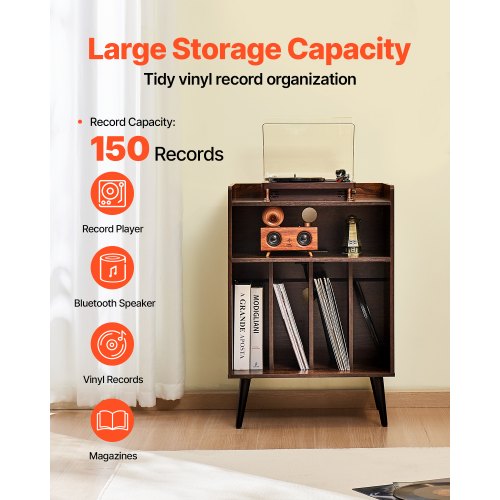 3-stufiger Plattenspieler mit LED-Leuchten und USB-Anschlüssen, Vinyl-Regal aus Holz, Braun | EU