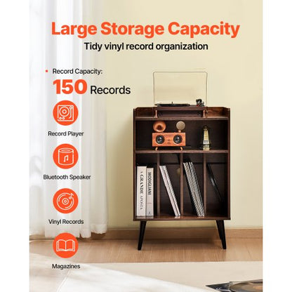 3-stufiger Plattenspieler mit LED-Leuchten und USB-Anschlüssen, Vinyl-Regal aus Holz, Braun | EU