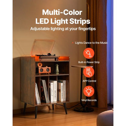 3-stufiger Plattenspieler mit LED-Leuchten und USB-Anschlüssen, Vinyl-Regal aus Holz, Braun | EU