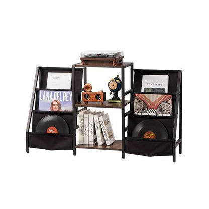 Record Player Stand, 3 Tiers Metal Vinyl Record Stand, Turntable Stand with Record Holder Vinyl Display Shelf, Wooden Record Holder Ideal for Bedroom, Living Room, Black