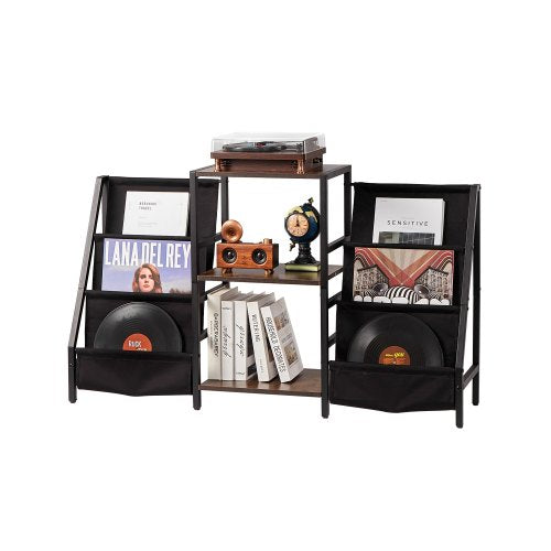 Record Player Stand, 3 Tiers Metal Vinyl Record Stand, Turntable Stand with Record Holder Vinyl Display Shelf, Wooden Record Holder Ideal for Bedroom, Living Room, Black