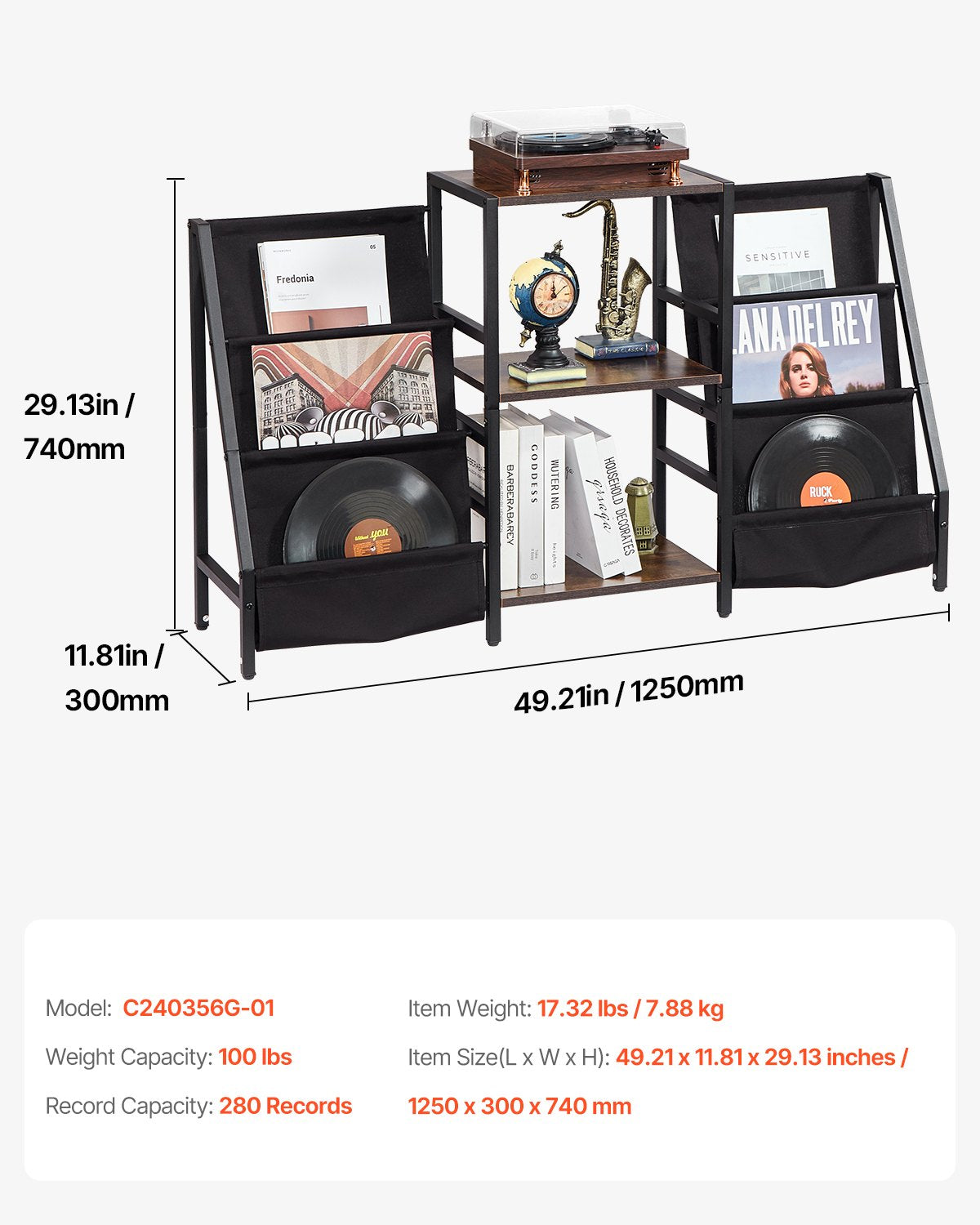 3-stufiger Plattenspielerständer, Metall, Schallplattenständer, bis zu 280 Alben, Schwarz