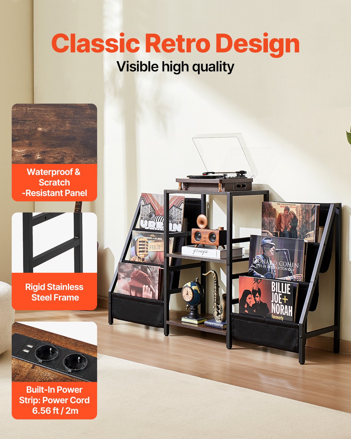 Record Player Stand, 3 Tiers Metal Vinyl Record Stand, Turntable Stand with Record Holder Vinyl Display Shelf, Wooden Record Holder Ideal for Bedroom, Living Room, Black