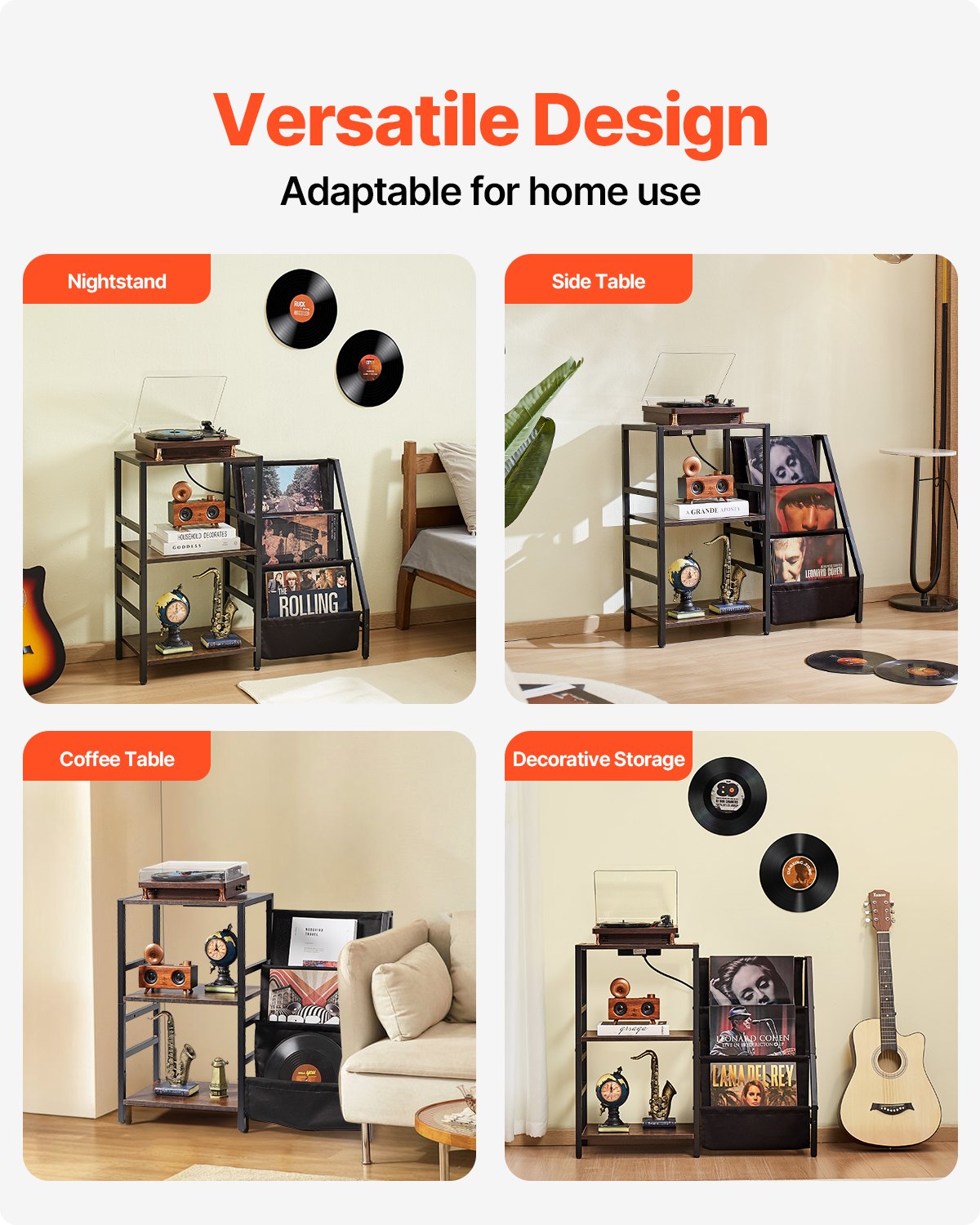 Record Player Stand with Charging Station & USB Ports, Holds up to 200 Albums, 3-Tier Turntable Stand with Vinyl Record Storage, Record Player Table with Display Shelf for Bedroom, Living Room