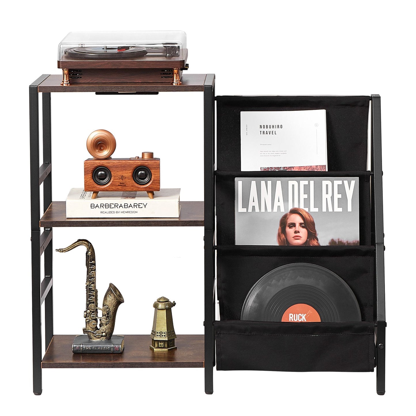 Record Player Stand with Charging Station & USB Ports, Holds up to 200 Albums, 3-Tier Turntable Stand with Vinyl Record Storage, Record Player Table with Display Shelf for Bedroom, Living Room