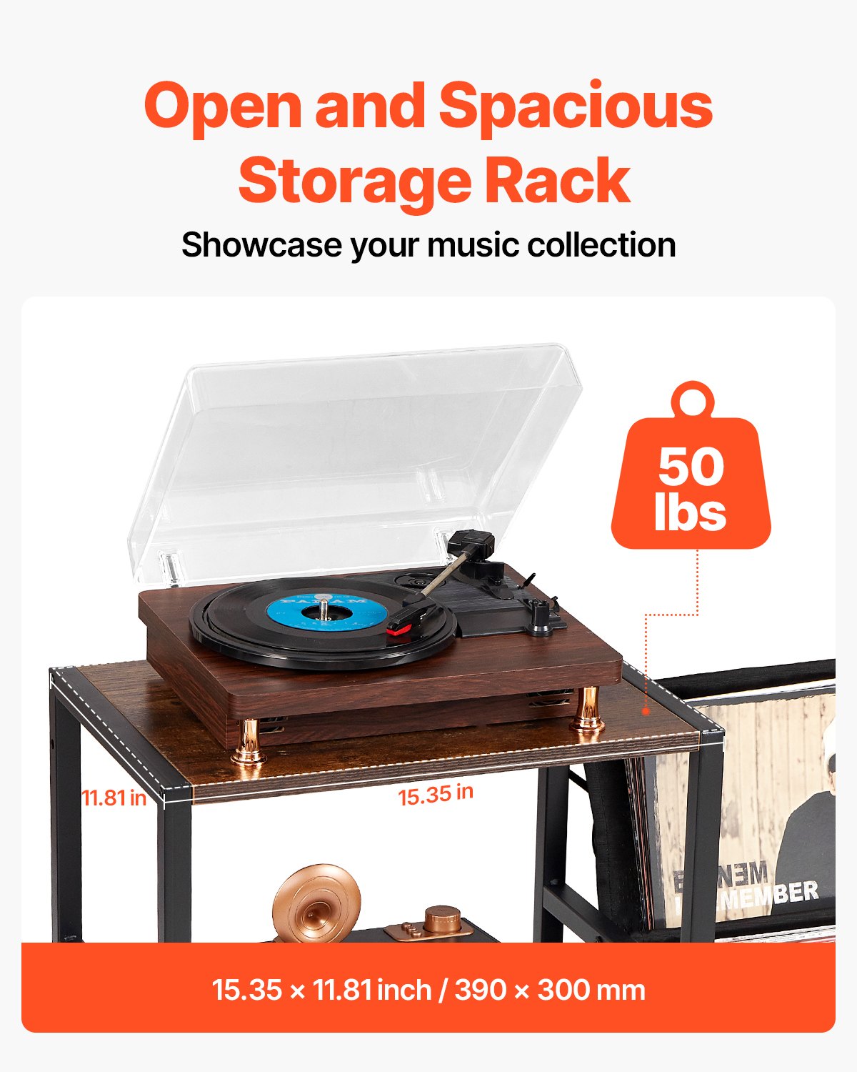 Plattenspieler mit 3 Ebenen, LED-Leuchten und USB-Anschlüssen, Metall-Vinyl-Regal, Schwarz