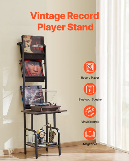 Record Player Stand, 5 Tiers Tall Vinyl Record with Charging Station & USB Ports, Turntable Stand with Record Holder Display Shelf for Living Room, Bedroom, Black