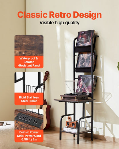 Record Player Stand, 5 Tiers Tall Vinyl Record with Charging Station & USB Ports, Turntable Stand with Record Holder Display Shelf for Living Room, Bedroom, Black