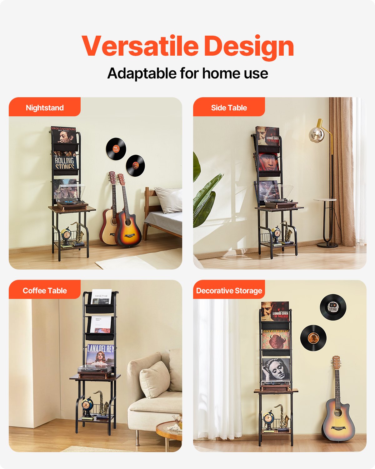 Record Player Stand, 5 Tiers Tall Vinyl Record with Charging Station & USB Ports, Turntable Stand with Record Holder Display Shelf for Living Room, Bedroom, Black