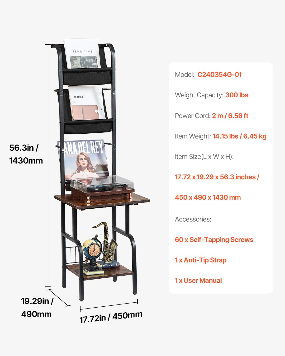 Record Player Stand, 5 Tiers Tall Vinyl Record with Charging Station & USB Ports, Turntable Stand with Record Holder Display Shelf for Living Room, Bedroom, Black