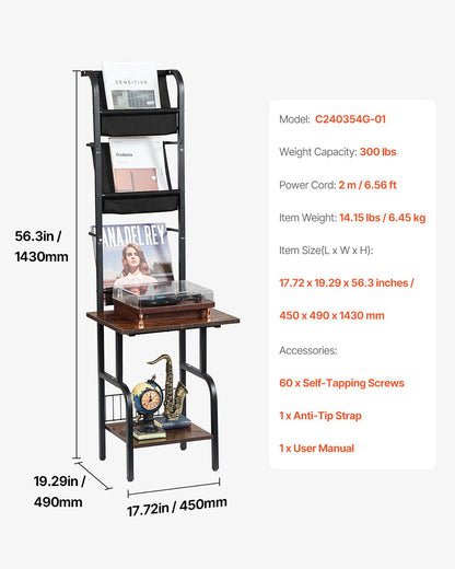 Record Player Stand, 5 Tiers Tall Vinyl Record with Charging Station & USB Ports, Turntable Stand with Record Holder Display Shelf for Living Room, Bedroom, Black