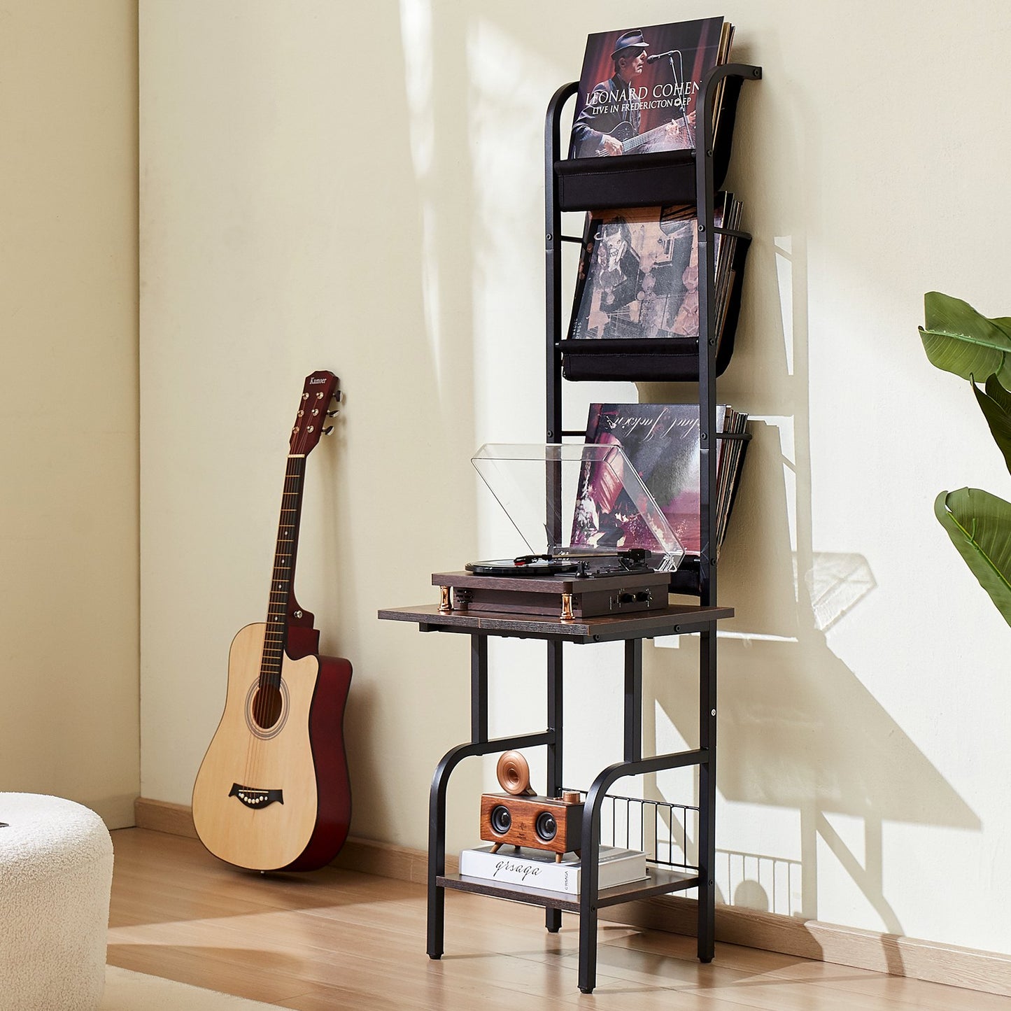 Record Player Stand, 5 Tiers Tall Vinyl Record with Charging Station & USB Ports, Turntable Stand with Record Holder Display Shelf for Living Room, Bedroom, Black