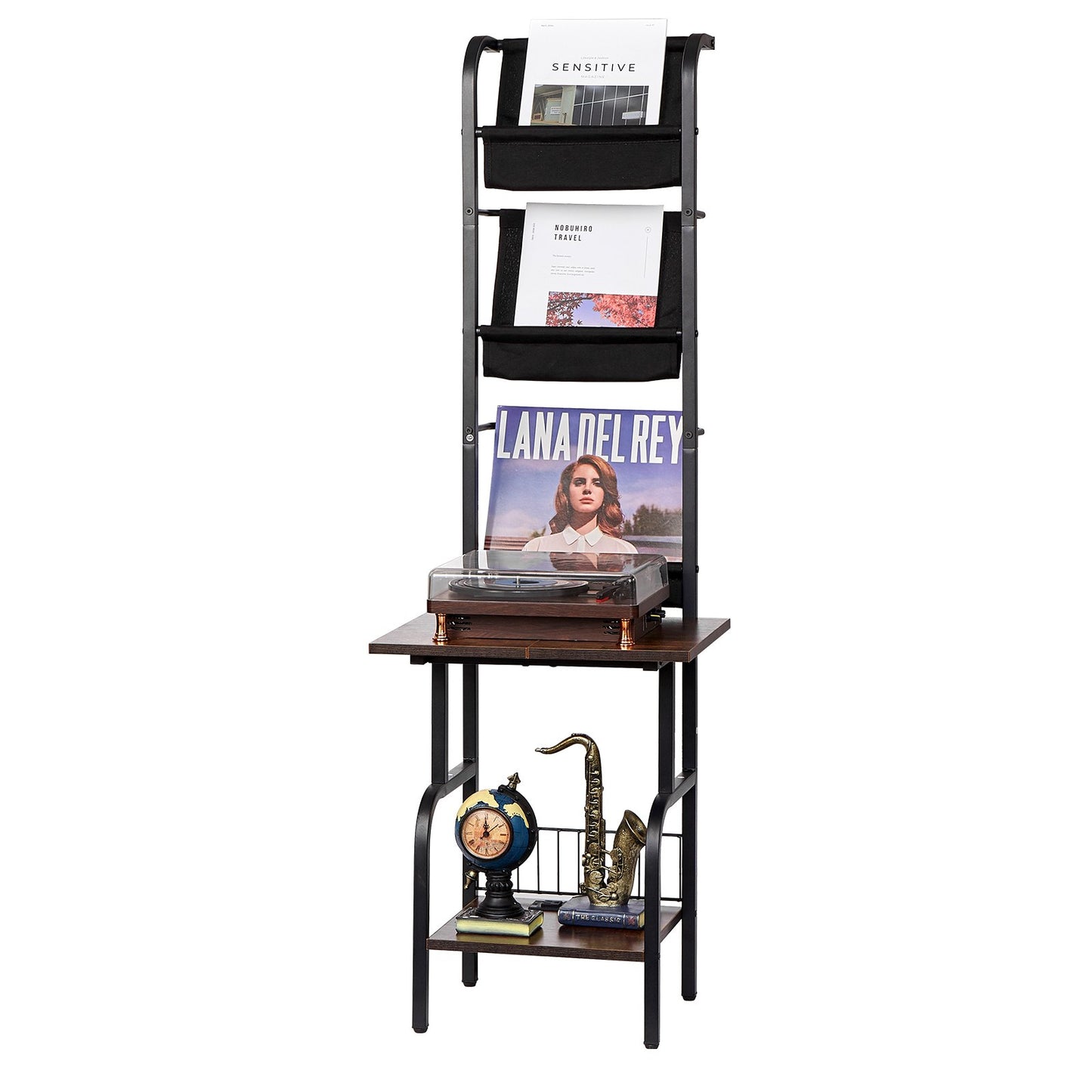 Record Player Stand, 5 Tiers Tall Vinyl Record with Charging Station & USB Ports, Turntable Stand with Record Holder Display Shelf for Living Room, Bedroom, Black