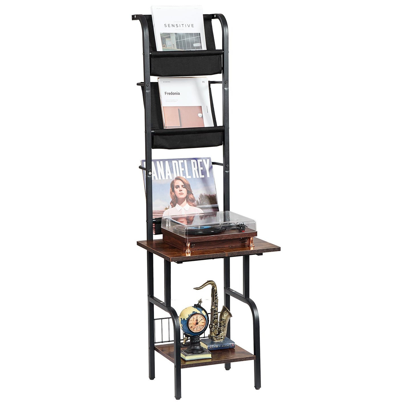 Record Player Stand, 5 Tiers Tall Vinyl Record with Charging Station & USB Ports, Turntable Stand with Record Holder Display Shelf for Living Room, Bedroom, Black