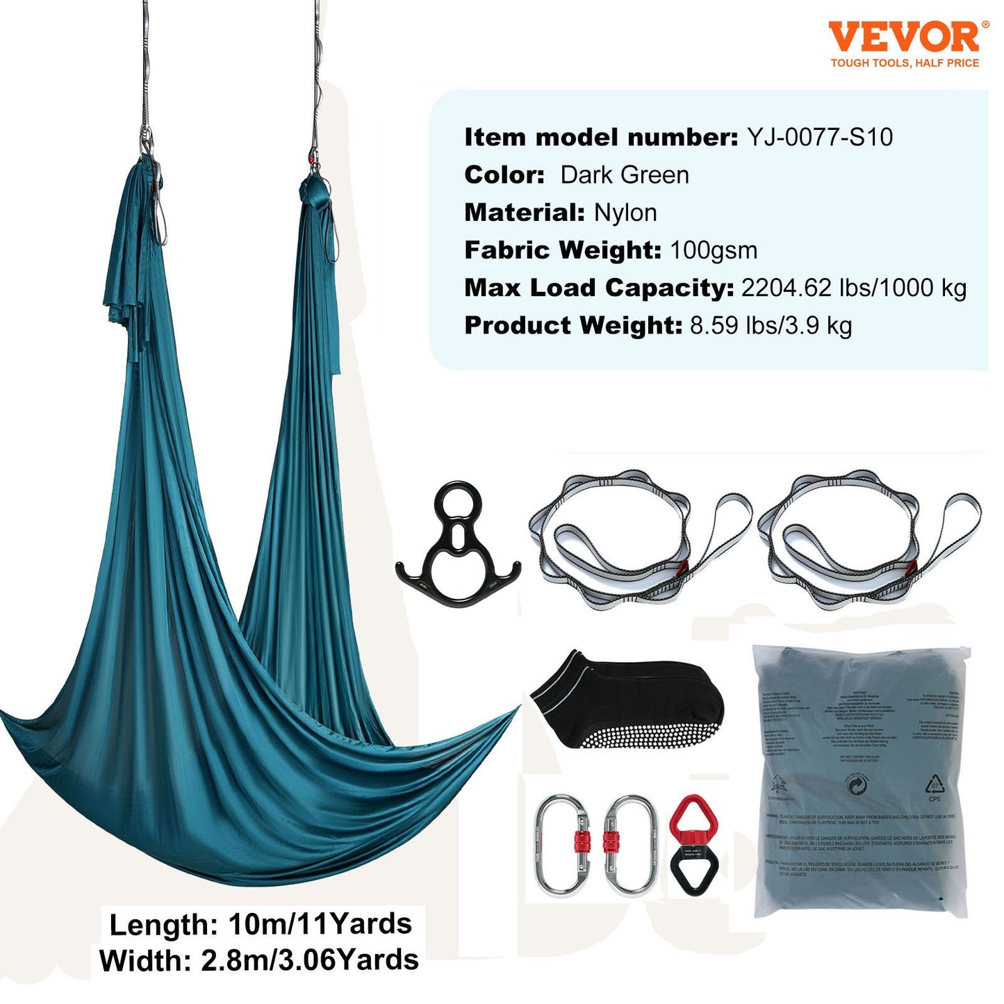 Aerial Silk &amp; Yoga-Schaukel, 11 Yards, Aerial-Yoga-Hängematten-Set mit 100 g/m² Nylongewebe, komplette Takelage-Hardware und einfache Installationsanleitung, Anti-Schwerkraft-Fliegen für Fitness-Bodybuilding aller Niveaus, Grün