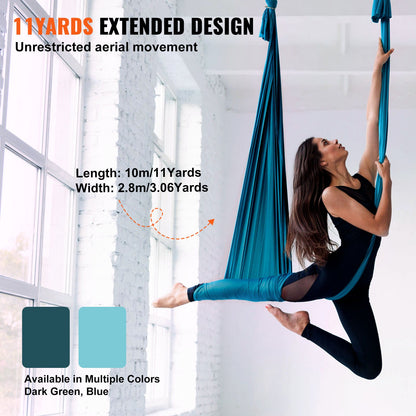 Aerial Silk & Yoga Swing, 11 Yards, Aerial Yoga Hammock Kit with 100gsm Nylon Fabric, Full Rigging Hardware & Easy Set-up Guide, Antigravity Flying for All Levels Fitness Bodybuilding, Green