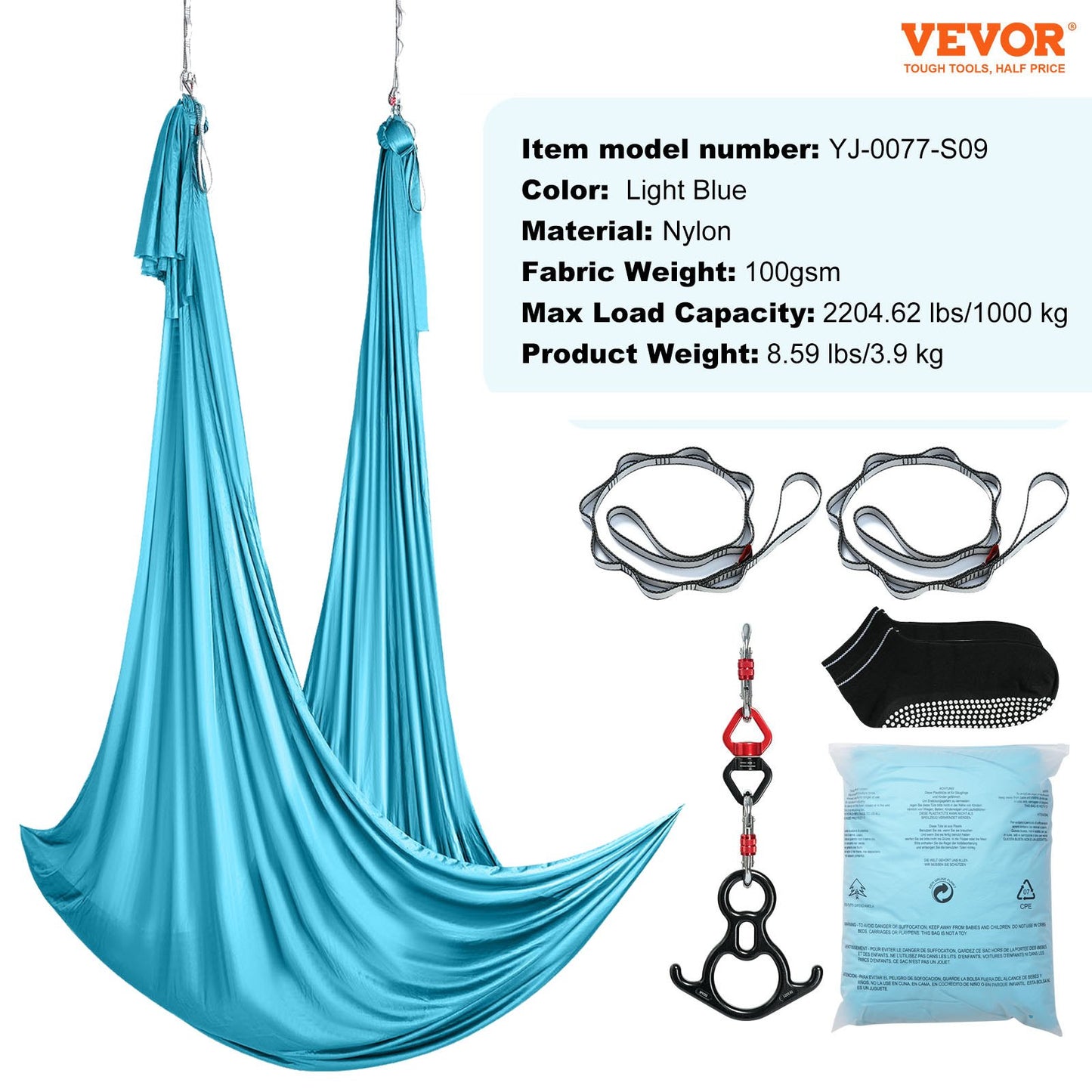 Aerial Silk & Yoga Swing, 11 Yards, Aerial Yoga Hammock Kit with 100gsm Nylon Fabric, Full Rigging Hardware & Easy Set-up Guide, Antigravity Flying for All Levels Fitness Bodybuilding, Blue