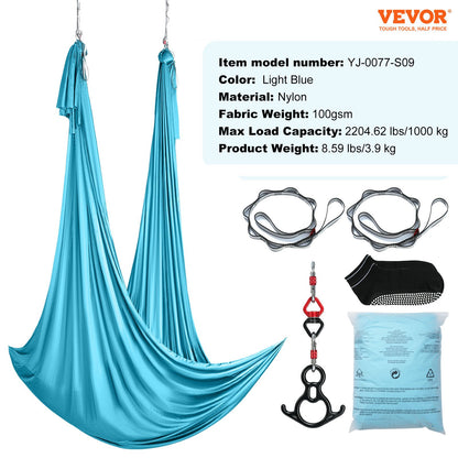 Aerial Silk & Yoga Swing, 11 Yards, Aerial Yoga Hammock Kit with 100gsm Nylon Fabric, Full Rigging Hardware & Easy Set-up Guide, Antigravity Flying for All Levels Fitness Bodybuilding, Blue