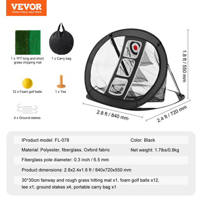 Golfchip-Netz, Pop-Up-Golf-Trainingsnetz, tragbares Golf-Schlaghilfenetz für drinnen und draußen mit Zielscheibe/Matte/Bällen/T-Shirt/Tragetasche, für den Trainingsschwung auf der Driving Range im Hinterhof, Geschenk für Männer, Schwarz