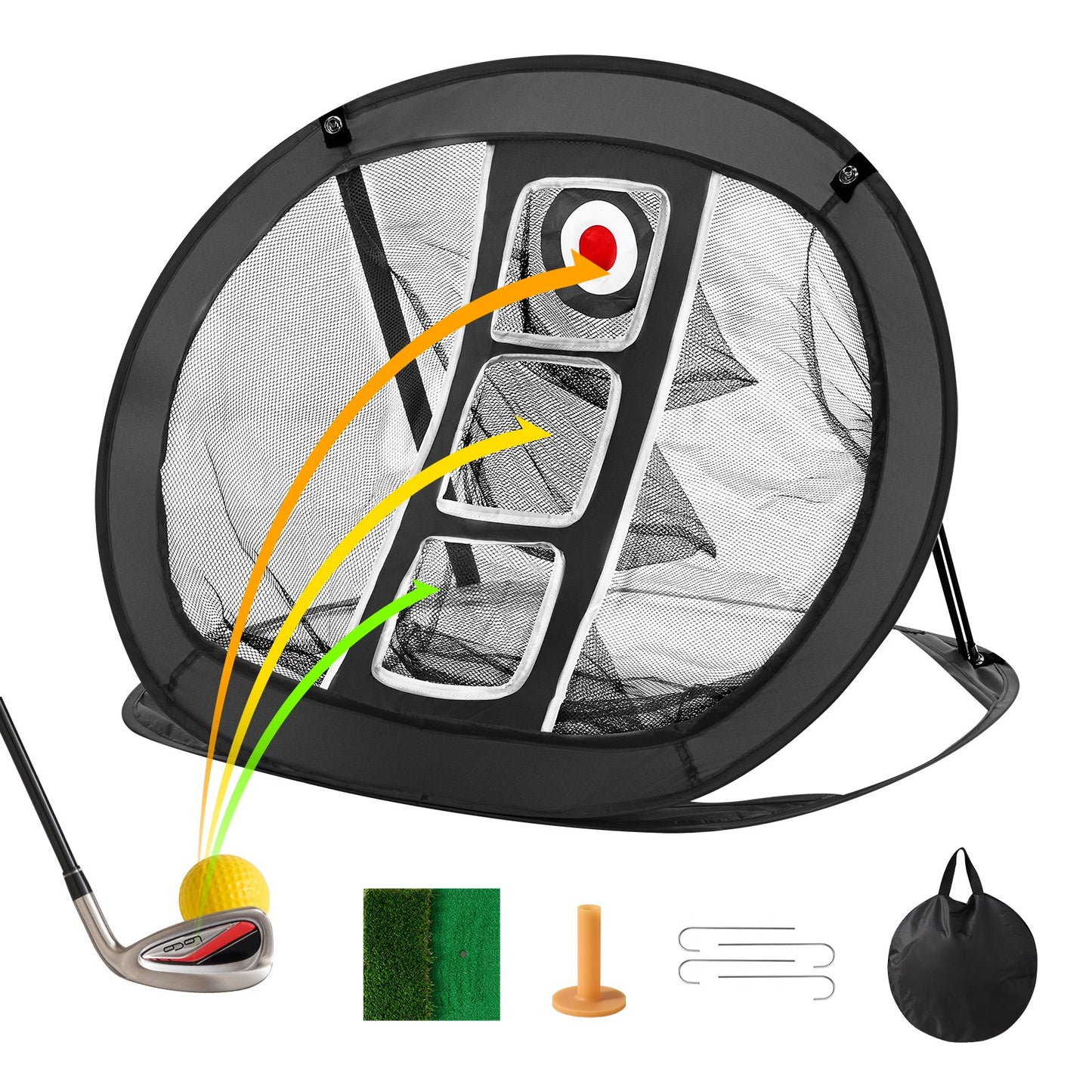 Golfchip-Netz, Pop-Up-Golf-Trainingsnetz, tragbares Golf-Schlaghilfenetz für drinnen und draußen mit Zielscheibe/Matte/Bällen/T-Shirt/Tragetasche, für den Trainingsschwung auf der Driving Range im Hinterhof, Geschenk für Männer, Schwarz