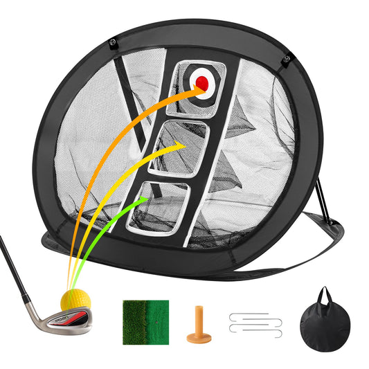 Golfchip-Netz, Pop-Up-Golf-Trainingsnetz, tragbares Golf-Schlaghilfenetz für drinnen und draußen mit Zielscheibe/Matte/Bällen/T-Shirt/Tragetasche, für den Trainingsschwung auf der Driving Range im Hinterhof, Geschenk für Männer, Schwarz