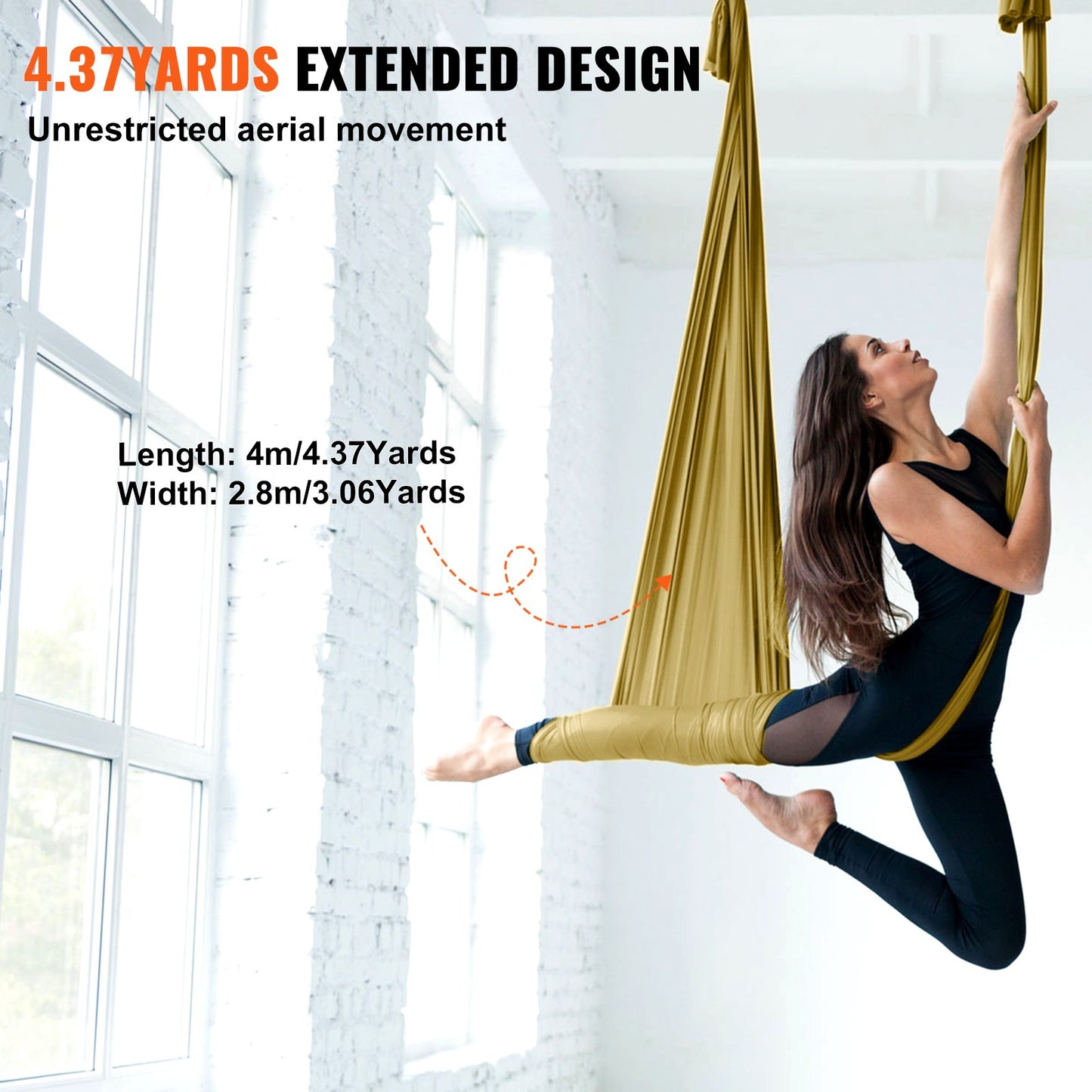 Aerial Yoga Hängmatta & Swing, 4,4 Yards, Aerial Yoga Starter Kit med 100gsm nylontyg, Full Rigging Hårdvara & Enkel installationsguide, Antigravity Flying för alla nivåer Fitness Bodybuilding, Guld