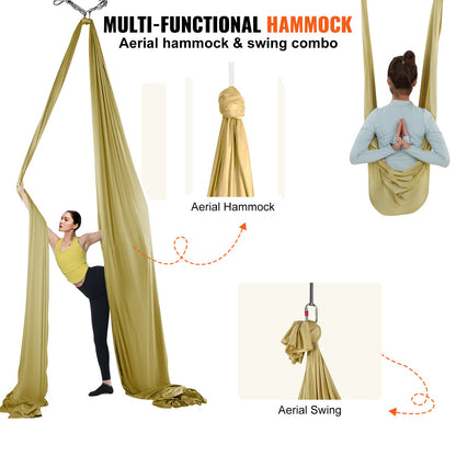Aerial Yoga Hängmatta & Swing, 4,4 Yards, Aerial Yoga Starter Kit med 100gsm nylontyg, Full Rigging Hårdvara & Enkel installationsguide, Antigravity Flying för alla nivåer Fitness Bodybuilding, Guld