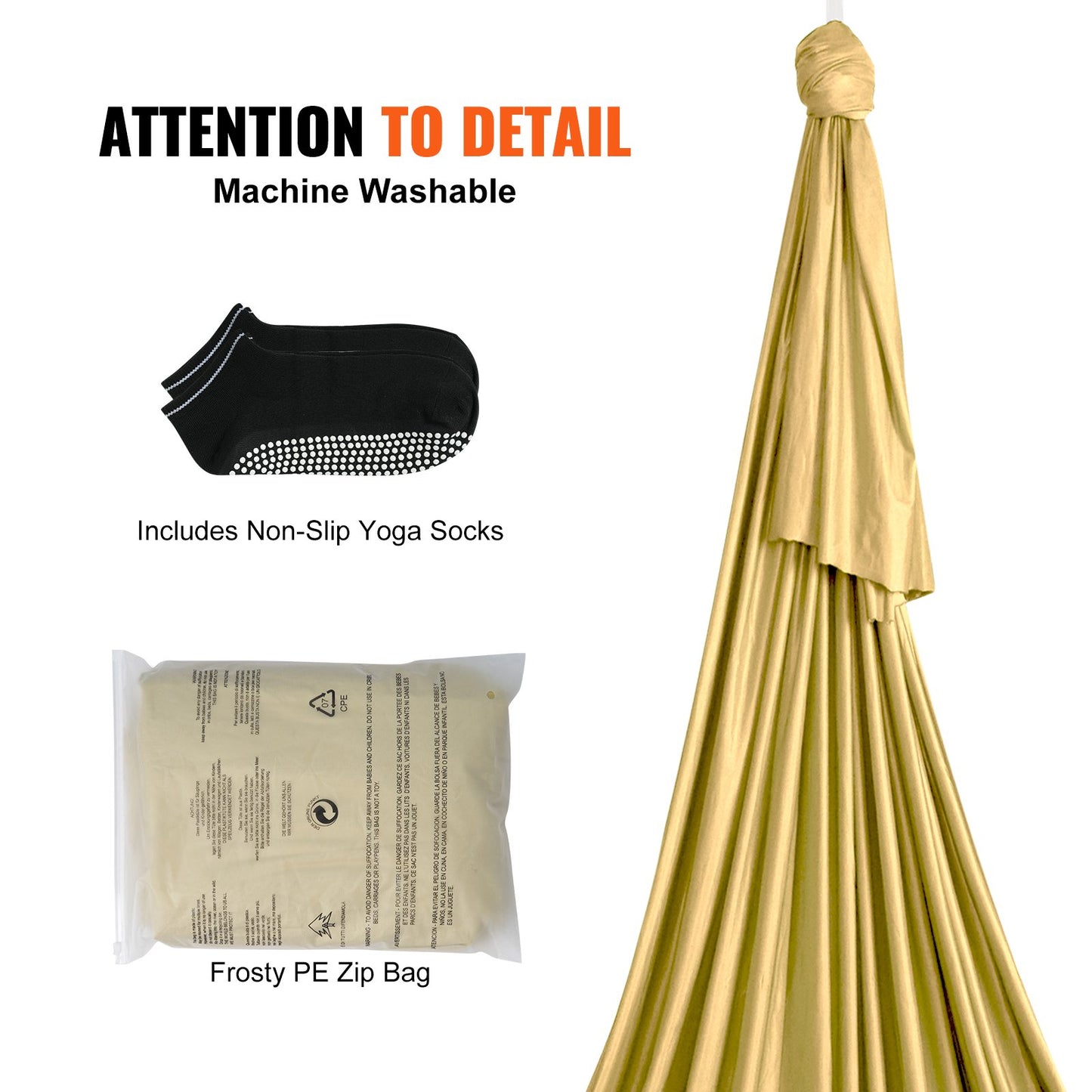 Aerial Yoga Hängmatta & Swing, 4,4 Yards, Aerial Yoga Starter Kit med 100gsm nylontyg, Full Rigging Hårdvara & Enkel installationsguide, Antigravity Flying för alla nivåer Fitness Bodybuilding, Guld