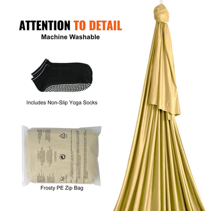Aerial Yoga Hängmatta & Swing, 4,4 Yards, Aerial Yoga Starter Kit med 100gsm nylontyg, Full Rigging Hårdvara & Enkel installationsguide, Antigravity Flying för alla nivåer Fitness Bodybuilding, Guld
