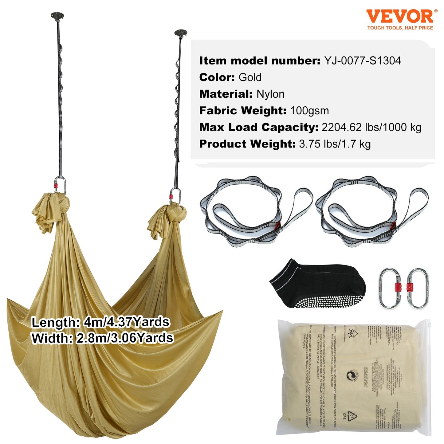 Aerial Yoga Hängmatta & Swing, 4,4 Yards, Aerial Yoga Starter Kit med 100gsm nylontyg, Full Rigging Hårdvara & Enkel installationsguide, Antigravity Flying för alla nivåer Fitness Bodybuilding, Guld