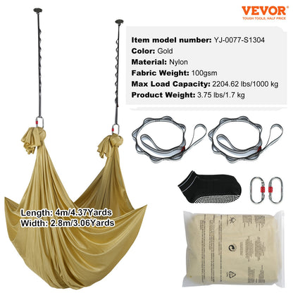 Aerial Yoga Hängmatta & Swing, 4,4 Yards, Aerial Yoga Starter Kit med 100gsm nylontyg, Full Rigging Hårdvara & Enkel installationsguide, Antigravity Flying för alla nivåer Fitness Bodybuilding, Guld