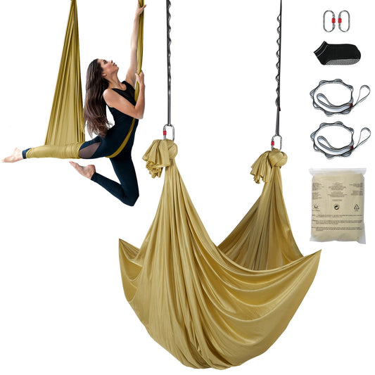 Aerial Yoga Hängmatta & Swing, 4,4 Yards, Aerial Yoga Starter Kit med 100gsm nylontyg, Full Rigging Hårdvara & Enkel installationsguide, Antigravity Flying för alla nivåer Fitness Bodybuilding, Guld