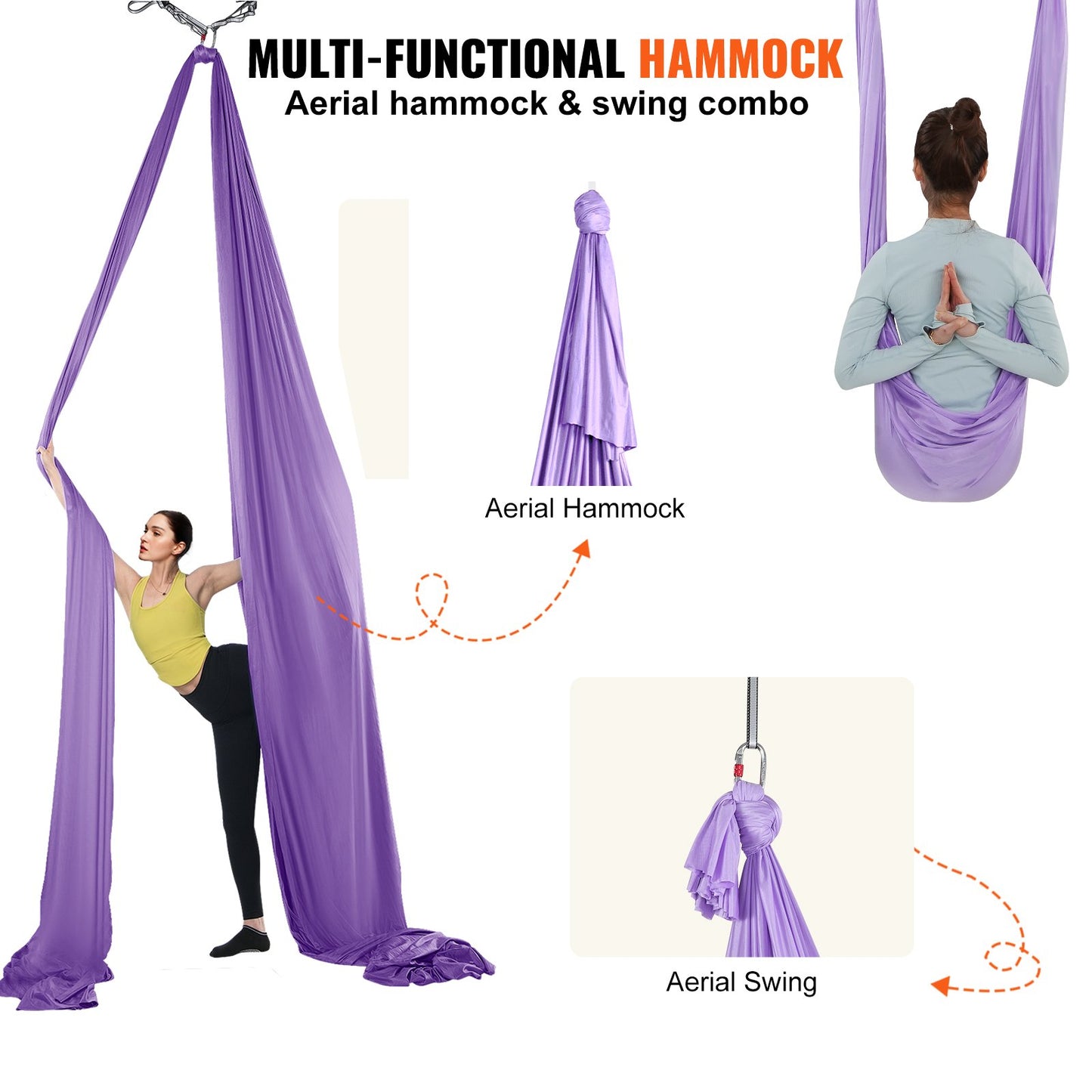 Aerial Yoga Hängematte &amp; Schaukel, 4,4 Yards, Yoga-Starter-Kit mit 100 g/m² Nylongewebe, komplette Takelage-Hardware und einfache Installationsanleitung, Anti-Schwerkraftfliegen für Fitness-Bodybuilding aller Niveaus, Lila